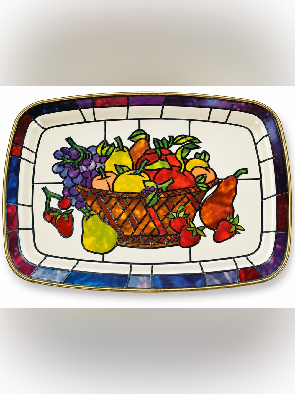 Vintage MCM Metal Serving Tray Stained Glass Style Basket of Fruit 11” x 15”